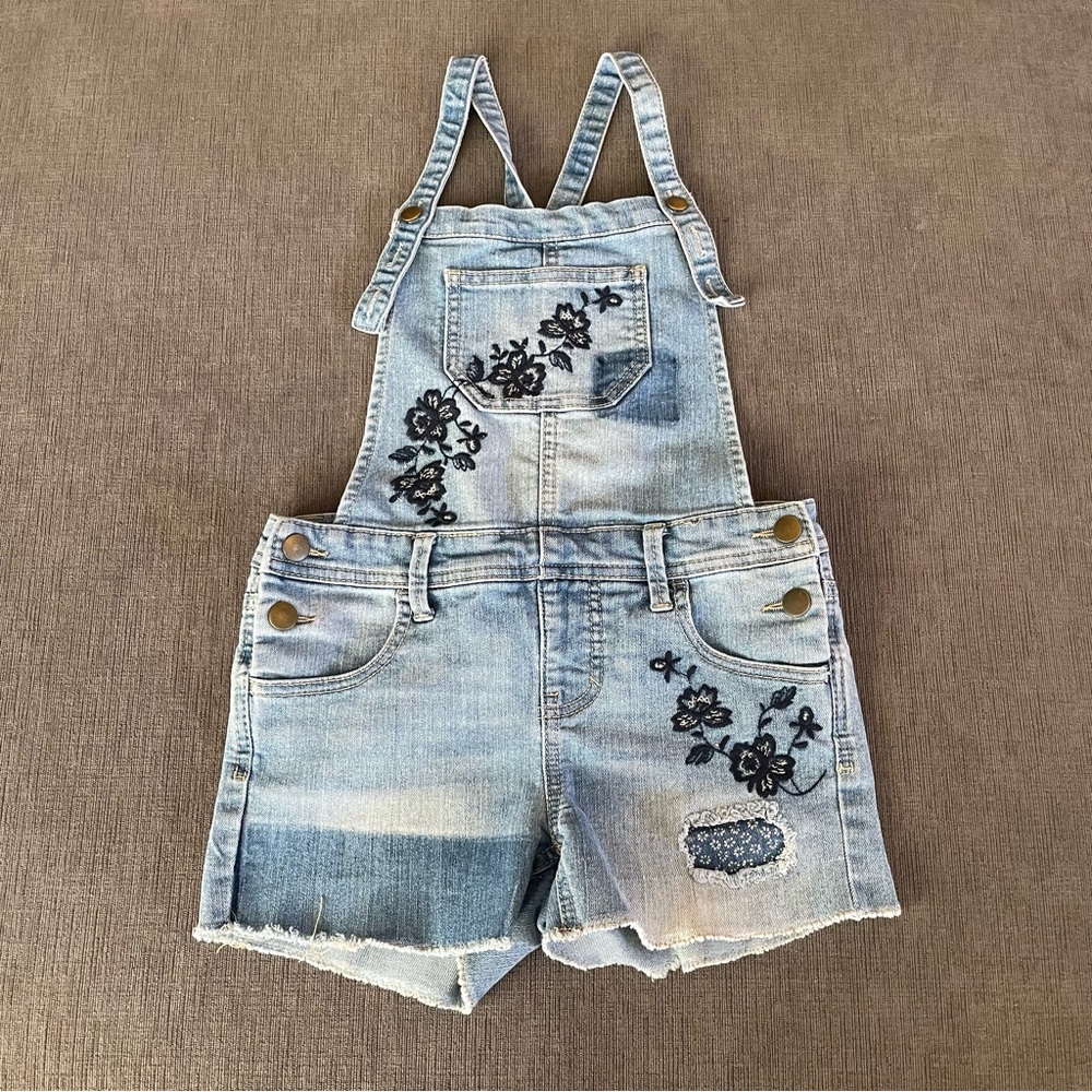 Girls Denim Overalls Floral Embroidery Adjustable Straps 7/8